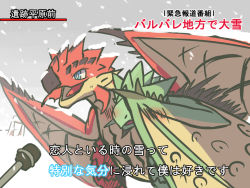 Rule 34 | blue eyes, blush, capcom, dragon, embarrassed, microphone, monster hunter (series), nessysalmon, news, open mouth, outdoors, rathalos, rathian, scales, sharp teeth, snow, snowing, special feeling (meme), spikes, teeth, tongue, translated, wings, wyvern