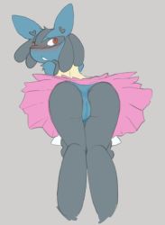 Rule 34 | 1girl, animal ears, ass, blush, creatures (company), female focus, finegan, from behind, furry, furry female, game freak, gen 4 pokemon, grey background, knees together feet apart, looking back, looking to the side, looking up, lucario, nintendo, no panties, pink tutu, pokemon, pokemon (creature), pokemon dppt, pussy, red eyes, simple background, solo, teeth, tutu, uncensored, upskirt, wolf ears