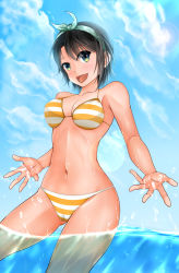 Rule 34 | 1girl, bikini, black hair, blue eyes, blue sky, cloud, commentary request, cowboy shot, day, hairband, hololive, looking at viewer, oozora subaru, oozora subaru (hololive summer 2019), outdoors, short hair, sky, smile, solo, standing, striped bikini, striped clothes, swimsuit, virtual youtuber, water, white hairband, zeruda