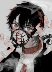 Rule 34 | 1girl, bandaid, bandaid on hand, black hair, black jacket, blue hair, claw pose, collar, earrings, english text, fangs, female focus, hair between eyes, highres, jacket, jewelry, konnpintou0 0, multicolored eyes, multicolored hair, muzzle, open mouth, original, red hair, short hair, solo