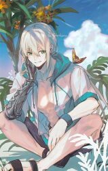 Rule 34 | 1boy, abs, airgetlam (fate), beach, bedivere (fate), black footwear, blue sky, blue wristband, bug, butterfly, butterfly on shoulder, cloud, collarbone, drawstring, elbow on knee, elbow rest, fate/grand order, fate (series), green eyes, hand on own cheek, hand on own face, indian style, insect, jacket, long hair, looking at animal, looking to the side, male focus, male swimwear, monarch butterfly, mujou (mjoysk), multicolored clothes, multicolored jacket, official alternate costume, open clothes, open jacket, orange butterfly, outdoors, palm tree, prosthesis, prosthetic arm, sandals, short sleeves, sitting, sky, smile, solo, summer, sunlight, swim trunks, tree, twitter username, two-tone jacket, white hair, white jacket, wristband