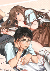 Rule 34 | 1boy, 1girl, barefoot, black hair, blush, book, bound, brown eyes, brown hair, brown skirt, commentary request, glasses, head rest, highres, kneehighs, long hair, lying, on side, on stomach, open book, original, outline, over-rim eyewear, parted lips, pinky out, pleated skirt, polka dot, polka dot background, school uniform, semi-rimless eyewear, shirt, skirt, socks, string, string of fate, sweater vest, teiraman, tied up (nonsexual), very long hair, white shirt, white socks