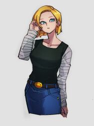 Rule 34 | 1girl, android 18, belt, blonde hair, blue eyes, blue skirt, breasts, dragon ball, dragonball z, earrings, grey background, jewelry, kemachiku, large breasts, short hair, simple background, skirt, solo