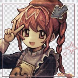 1girl :d arrow_(symbol) artist_name beret braid brown_hat checkered_background commons-tan directional_arrow_hair_ornament fake_transparency frills hat highres kinutaku maid open_mouth orange_eyes orange_hair pixel_art red_hair single_braid smile solo sparkle upper_body v wikipedia