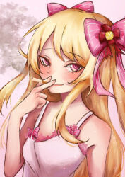 Rule 34 | 1girl, alternate costume, artist request, babydoll, blonde hair, blush, chaos marie (grimms notes), cigarette, grimms notes, hair ribbon, heart, heart-shaped pupils, long hair, pink background, pink eyes, ribbon, smile, smoke, smoking, solo, symbol-shaped pupils, upper body