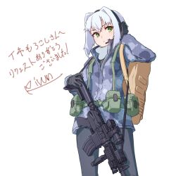 Rule 34 | 1girl, ar-15, backpack, bag, black gloves, blue hair, blue jacket, blue pants, camouflage, camouflage jacket, closed mouth, commission, gloves, green eyes, gun, headphones, highres, jacket, long sleeves, looking at viewer, medium hair, original, pants, rifle, rivun, simple background, skeb commission, solo, weapon, white background, winter clothes