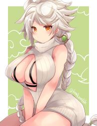 Rule 34 | 1girl, alternate costume, asymmetrical hair, between legs, braid, breasts, brown eyes, cleavage, commentary request, highres, hirune (konekonelkk), jitome, kantai collection, large breasts, long hair, meme attire, one-hour drawing challenge, open-chest sweater, ribbed sweater, single braid, sitting, sleeveless, sleeveless sweater, solo, sweater, unryuu (kancolle), v arms, very long hair, wariza, white hair