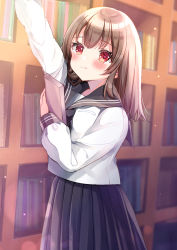 Rule 34 | 1girl, :3, arm up, bad id, bad pixiv id, black sailor collar, black skirt, blurry, blurry background, blush, book, bookshelf, brown hair, closed mouth, commentary request, depth of field, hair between eyes, highres, holding, holding book, indoors, library, long hair, looking at viewer, minami saki, original, pleated skirt, reaching, red eyes, sailor collar, school uniform, serafuku, shirt, skirt, solo, standing, white shirt
