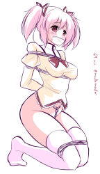 Rule 34 | 10s, 1girl, arms behind back, bdsm, blush, bondage, bound, breasts, completion time, crotch rope, full body, gag, gagged, hair ribbon, improvised gag, kaname madoka, kneeling, looking at viewer, mahou shoujo madoka magica, mahou shoujo madoka magica (anime), maullarmaullar, no panties, pink hair, ribbon, rope, school uniform, shibari, short twintails, solo, tape, tape gag, thighhighs, twintails, twitter username