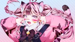 Rule 34 | 1girl, animal (vocaloid), animal ear fluff, animal ears, bad id, bad pixiv id, bandaid, bandaid on face, bandaid on nose, braid, brown hair, cat ears, facepaint, fang, floating hair, highres, indie virtual youtuber, kemonomimi mode, long hair, looking at viewer, mole, mole under eye, multicolored hair, open hands, overalls, pink hair, pink sweater, purple eyes, skin fang, sleeves past wrists, solo, streaked hair, sweater, twin braids, virtual youtuber, vocaloid, xoco, xoco (vtuber)