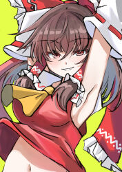Rule 34 | 1girl, arm up, armpits, ascot, bow, brown hair, detached sleeves, hair bow, hair tubes, hakurei reimu, highres, navel, red bow, red shirt, ribbon-trimmed sleeves, ribbon trim, shirt, sidelocks, simple background, solo, touhou, upper body, yellow ascot, yellow background, yuuka (a0240765)