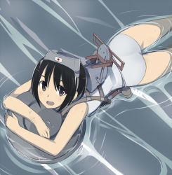 Rule 34 | 10s, 1girl, akebon, bad id, bad pixiv id, black hair, diving mask, diving mask on head, goggles, goggles on head, japanese flag, kantai collection, looking at viewer, looking up, maru-yu (kancolle), open mouth, short hair, smile, solo, swimming, swimsuit, water