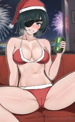 Rule 34 | 1girl, bare shoulders, bikini, blue eyes, blurry, blurry background, blush, breasts, cameltoe, can, chainsaw man, cleft of venus, collarbone, couch, eyelashes, eyepatch, feet out of frame, female focus, fireworks, green hair, halterneck, hat, highres, himeno (chainsaw man), holding, holding can, large breasts, lepypepy, looking at viewer, navel, paid reward available, parted lips, patreon username, pom pom (clothes), red bikini, santa bikini, santa hat, shiny skin, short hair, sitting, smile, spread legs, sweat, swimsuit, teeth, thighs, watermark, web address