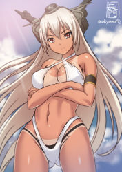 Rule 34 | 10s, 1girl, alternate hair color, bare shoulders, bikini, black hair, breasts, cleavage, criss-cross halter, crossed arms, dated, day, female focus, halterneck, halterneck, headgear, highleg, highleg panties, highleg swimsuit, kantai collection, kantai collection (anime), large breasts, long hair, looking at viewer, nagato (kancolle), navel, panties, red eyes, sakiyamama, silver hair, solo, swimsuit, tan, tanline, twitter username, underwear, very long hair