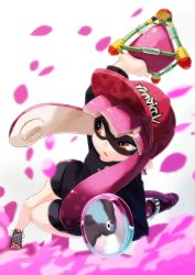 Rule 34 | 1girl, arm up, bad perspective, baseball cap, bike shorts, black jacket, black shorts, foreshortening, full body, hashiro, hat, holding, holding weapon, ink, inkling, inkling girl, inkling player character, jacket, long hair, long sleeves, looking to the side, nintendo, pink hair, red hat, short hair with long locks, shorts, simple background, solo, splatoon (series), splatoon 1, tentacle hair, twintails, very long hair, weapon, white background, yellow eyes
