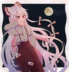 Rule 34 | 1girl, arm up, artist name, bamboo, bow, closed mouth, collared shirt, commentary request, cover, cowboy shot, fujiwara no mokou, full moon, grey shirt, hair bow, hand in pocket, long hair, long sleeves, moon, mozukuzu (manukedori), night, night sky, outdoors, pants, red bow, red eyes, red pants, shirt, sky, solo, star (sky), suspenders, torn clothes, torn shirt, touhou, twitter username, very long hair, white bow, white hair
