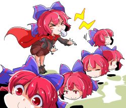 Rule 34 | 1girl, bow, cape, disembodied head, closed eyes, hair bow, long sleeves, multiple heads, red eyes, red hair, sekibanki, shinapuu, shirt, short hair, skirt, smile, solo, touhou, whistle