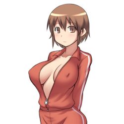 Rule 34 | 1girl, aaaa (quad-a), arms behind back, bad id, bad pixiv id, blush, breasts, breasts apart, brown eyes, brown hair, cleavage, collarbone, female focus, hair between eyes, large breasts, looking at viewer, original, short hair, simple background, solo, standing, track suit, unzipped, white background