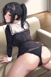 Rule 34 | 1girl, all fours, arm support, ass, belt, black belt, black hair, black panties, black serafuku, black skirt, blue eyes, blush, clothes lift, commentary request, couch, eyelashes, highres, indoors, jack dempa, long hair, long sleeves, looking at viewer, looking back, miyamae shiho (jack dempa), mole, mole under eye, naughty face, on couch, open mouth, original, paid reward available, panties, ponytail, sailor collar, school uniform, serafuku, sidelocks, skirt, skirt lift, solo, sweat, sweatdrop, thighs, tongue, tongue out, underwear, white sailor collar, wooden floor