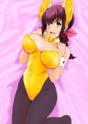 Rule 34 | 1girl, absurdres, animal ears, black pantyhose, black ribbon, bow, bowtie, breasts, brown eyes, brown hair, collar, commentary request, covered navel, cowboy shot, detached collar, fake animal ears, hands on own chest, highleg, highleg leotard, highres, hoshizora ikuyo, large breasts, leg up, leotard, long hair, looking at viewer, nanashi noiji, open mouth, pantyhose, pink background, pink ribbon, playboy bunny, ponytail, precure, rabbit ears, ribbon, smile, smile precure!, solo, standing, strapless, strapless leotard, white collar, wrist cuffs, yellow bow, yellow bowtie, yellow leotard