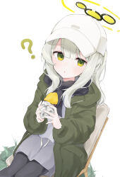 Rule 34 | 1girl, ?, absurdres, black pantyhose, black scarf, blue archive, blush, food, green eyes, green jacket, grey hair, grey shorts, halo, hare (blue archive), hare (camp) (blue archive), hat, highres, holding, holding food, hood, hood down, hooded jacket, jacket, long hair, long sleeves, looking at viewer, noko (nco029685627), official alternate costume, open clothes, open jacket, pantyhose, parted lips, scarf, shorts, simple background, solo, sweet potato, white background, white hat