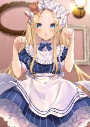 Rule 34 | 1girl, abigail williams (heart of cooking) (fate), abigail williams (fate), absurdres, animal ears, apron, blonde hair, blue dress, blue eyes, blush, bow, breasts, cat ears, cat girl, cook heart (fate), dress, fate/grand order, fate (series), forehead, hair bow, hane yuki, highres, huge filesize, light particles, long hair, looking at viewer, multiple hair bows, official alternate costume, open mouth, parted bangs, paw pose, plate, puffy short sleeves, puffy sleeves, short sleeves, sidelocks, small breasts, solo, stuffed animal, stuffed toy, teddy bear, twintails