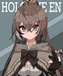 Rule 34 | 1girl, ahoge, brown capelet, brown cloak, brown eyes, brown hair, capelet, cleavage cutout, cloak, clothing cutout, company name, crossed bangs, feather hair ornament, feathers, gloves, hair ornament, hieroglyphics, highres, holding, holding feather, hololive, hololive english, long hair, looking at viewer, multicolored hair, nanashi mumei, nanashi mumei (1st costume), partially fingerless gloves, ponytail, ribbon, shirt, simple background, smile, streaked hair, tanau, upper body, very long hair, virtual youtuber, white shirt