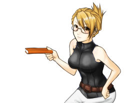 Rule 34 | 1girl, alternate costume, alternate hairstyle, bare shoulders, belt, blonde hair, book, brown eyes, capcom, eu03, female focus, glasses, ace attorney, phoenix wright: ace attorney - trials and tribulations, hair up, halterneck, adrian andrews, light smile, simple background, sleeveless, sleeveless turtleneck, smile, solo, turtleneck, white background