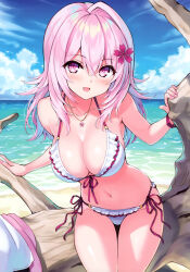 Rule 34 | 1girl, absurdres, bare shoulders, beach, bikini, blue sky, blush, bracelet, breasts, cleavage, cloud, cloudy sky, cu-no, day, fingernails, flower, frilled bikini, frills, front-tie bikini top, front-tie top, hair flower, hair ornament, highres, hisen kaede, jewelry, long hair, looking at viewer, medium breasts, navel, necklace, ocean, open mouth, outdoors, pink hair, purple eyes, scan, side-tie bikini bottom, simple background, sky, smile, solo, stomach, swimsuit, water, yayoi sakura