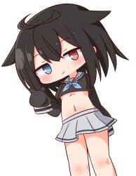 Rule 34 | 1girl, black hair, black shirt, blue eyes, blue neckerchief, blush, closed mouth, commentary request, crop top, feet out of frame, grey sailor collar, grey skirt, hair between eyes, hana kazari, heterochromia, highres, long hair, long sleeves, looking at viewer, navel, neckerchief, original, pleated skirt, red eyes, sailor collar, shirt, simple background, skirt, sleeves past fingers, sleeves past wrists, smile, solo, standing, white background