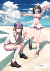 Rule 34 | 10s, 2girls, \m/, absurdres, beach, black hair, double \m/, ghode (basashi), highres, huge filesize, long hair, love live!, love live! school idol project, multiple girls, navel, ocean, red eyes, shirt, shoes, sky, sneakers, sonoda umi, standing, swimsuit, tied shirt, twintails, white shirt, yazawa nico