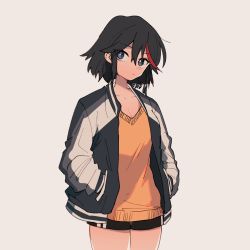 Rule 34 | 1girl, 320 (romsen), bad id, bad twitter id, black hair, black jacket, black shorts, blue eyes, breasts, bright pupils, cleavage, closed mouth, commentary request, cowboy shot, double vertical stripe, frown, hands in pockets, head tilt, highres, jacket, kill la kill, letterman jacket, looking at viewer, matoi ryuuko, medium breasts, multicolored hair, open clothes, open jacket, red hair, shirt, short hair, short shorts, shorts, simple background, standing, streaked hair, symbol-only commentary, twitter username, two-tone hair, v-neck, white pupils, yellow shirt
