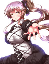 Rule 34 | 1girl, alternate hairstyle, arm ribbon, black dress, blush, bow, breasts, brown hair, dress, female focus, gradient hair, hair bow, highres, hijiri byakuren, juliet sleeves, large breasts, layered dress, long hair, long sleeves, looking at viewer, multicolored hair, outstretched arm, ponytail, puffy sleeves, purple hair, ribbon, smile, solo, touhou, very long hair, white dress, yellow eyes, zan (harukahime)