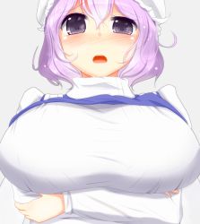 Rule 34 | 1girl, bad id, bad pixiv id, blush, breast hold, breast rest, breasts, grey background, hat, huge breasts, letty whiterock, light purple hair, long sleeves, mob cap, open mouth, purple eyes, shiro oolong-cha, shiro uroncha, shirt, short hair, simple background, solo, sweat, touhou, turtleneck, upper body, vest lift