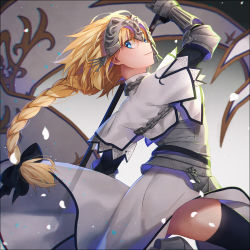 Rule 34 | 1girl, armor, armored dress, black bow, black thighhighs, blonde hair, blue eyes, bow, braid, closed mouth, dress, fate/apocrypha, fate/grand order, fate (series), gauntlets, hair between eyes, hair bow, hakusai (tiahszld), headpiece, holding, jeanne d&#039;arc (fate), jeanne d&#039;arc (ruler) (fate), jeanne d&#039;arc (third ascension) (fate), long braid, long hair, looking at viewer, looking to the side, ponytail, see-through, single braid, smile, solo, standing, standing on one leg, thighhighs, very long hair, white dress