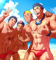 Rule 34 | 4boys, abs, beach, blue-tinted eyewear, bulge, character request, copyright request, cowboy shot, goggles, goggles around neck, highres, lens flare, lifeguard, looking at viewer, male focus, male swimwear, multiple boys, muscular, muscular male, red male swimwear, red swim briefs, ruizu, smile, source request, swim briefs, swim cap, swimming goggles, swimsuit, tinted eyewear, topless male, v, wet, whistle, whistle around neck, yellow headwear