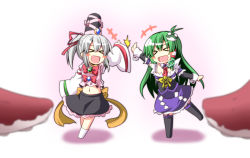 Rule 34 | &gt; &lt;, +++, 2girls, alternate costume, blush stickers, bow, brooch, embellished costume, closed eyes, female focus, frog hair ornament, green hair, hair ornament, hat, hat ribbon, ichimi, jewelry, kochiya sanae, long hair, long sleeves, magical girl, midriff, mononobe no futo, multiple girls, navel, necktie, open mouth, ponytail, ribbon, silver hair, smile, snake, tentacles, thighhighs, touhou, wide sleeves