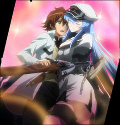 Rule 34 | 10s, 1boy, 1girl, akame ga kill!, blue hair, blush, breasts, brown hair, colored eyelashes, esdeath, closed eyes, forced, green eyes, hat, highres, large breasts, long hair, smile, square enix, stitched, tatsumi (akame ga kill!), tattoo, third-party edit, uniform