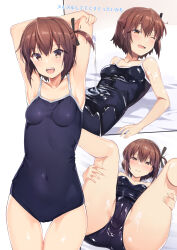 Rule 34 | 1girl, absurdres, armpits, bare shoulders, black ribbon, blue one-piece swimsuit, blush, breasts, brown hair, closed mouth, collarbone, covered navel, etou kanami, hair between eyes, hair ribbon, half-closed eyes, hands on own thighs, highres, hitoiki, looking at viewer, lying, medium breasts, oiled, on back, one-piece swimsuit, one eye closed, open mouth, ribbon, short hair, sidelocks, smile, spread legs, standing, straight-on, stretching, swimsuit, thigh gap, toji no miko, yellow eyes