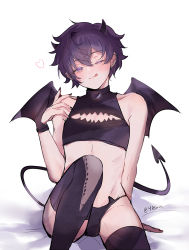 Rule 34 | 1boy, artist request, black gloves, black nails, black panties, black thighhighs, blush, bulge, chest cutout, come hither, commentary, demon horns, demon tail, demon wings, ear piercing, earrings, english commentary, fingerless gloves, gloves, heart, highres, horns, indie virtual youtuber, jewelry, male focus, nail polish, on bed, one eye closed, panties, piercing, purple eyes, purple hair, shirt, short hair, shoto (vtuber), sleeveless, sleeveless shirt, stud earrings, tail, thighhighs, tongue, tongue out, twitter username, underwear, virtual youtuber, white background, wings