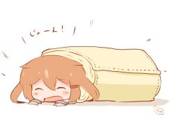 Rule 34 | 10s, 1girl, blanket, brown hair, chibi, commentary request, closed eyes, fang, hair ornament, hairclip, hanomido, ikazuchi (kancolle), kantai collection, open mouth, outstretched arms, rolled, setsubun, solo, translation request