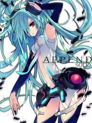 Rule 34 | 1girl, aqua hair, armpits, bad hands, belt, elbow gloves, artistic error, feathers, fingerless gloves, gloves, hatsune miku, hatsune miku (append), long hair, navel, necktie, red eyes, revision, rugo, solo, thighhighs, twintails, very long hair, vocaloid, vocaloid append, zettai ryouiki
