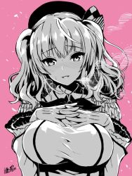 Rule 34 | 10s, 1girl, beret, blush, breast suppress, breasts, epaulettes, female focus, frilled sleeves, frills, gloves, gradient background, hands on own chest, hat, heavy breathing, kantai collection, kashima (kancolle), kojima saya, large breasts, looking at viewer, monochrome, nose blush, own hands together, parted lips, pink background, shirt, sidelocks, simple background, solo, sweat, taut clothes, taut shirt, tsurime, twintails, upper body, wavy hair