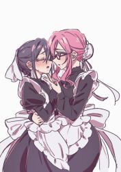 2girls alternate_costume apron black_dress black_hair blush bun_cover closed_eyes cowboy_shot dress enmaided facing_another glasses hanazono_hahari hand_on_another&#039;s_chin hashtag-only_commentary highres hug imminent_kiss juliet_sleeves kimi_no_koto_ga_dai_dai_dai_dai_daisuki_na_100-nin_no_kanojo long_sleeves looking_at_another maid maid_apron meido_mei mole mole_under_eye multiple_girls pink_hair puffy_sleeves red-framed_eyewear sidelocks simple_background waist_apron white_apron white_background yano_akane yuri