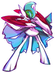 Rule 34 | 10s, arm blade, cape, creatures (company), fighting stance, gallade, game freak, gen 4 pokemon, glaring, highres, horns, mega gallade, mega pokemon, nintendo, no humans, pokemon, pokemon (creature), pokemon oras, red eyes, solo, spikes, weapon, white background, zerosonicly