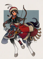 Rule 34 | 1girl, :o, arrow (projectile), artist name, bead necklace, beads, black eyes, black hair, blue background, blue hair, blue sash, bow (weapon), braid, brown background, brown gloves, centaur, clothes around waist, coat, colored inner hair, full body, fur-trimmed coat, fur-trimmed headwear, fur trim, gloves, hands up, hat feather, holding, holding arrow, holding bow (weapon), holding weapon, hooves, horse tail, jewelry, long sleeves, looking to the side, mandarin collar, monster girl, multicolored hair, necklace, open mouth, original, quiver, red coat, red headwear, running, sash, sheath, sheathed, short hair, side braid, simple background, solo, tail, tassel, taur, traditional clothes, twitter username, weapon, yotsu kado