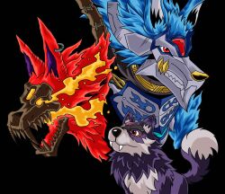 absurdres blue_fire digimon digimon_(creature) fangs fenriloogamon fire helloogarmon highres loogamon red_eyes skeleton wolf