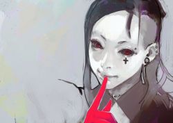 Rule 34 | 1boy, black hair, cleaned, facial tattoo, finger to mouth, gloves, grey background, ishida sui, neck tattoo, official art, red eyes, red gloves, tattoo, tokyo ghoul, uta (tokyo ghoul)