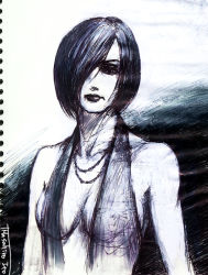Rule 34 | 1girl, breasts, cleavage, dress, eileen galvin, female focus, gradient background, ito masahiro, jewelry, lips, monochrome, necklace, official art, short hair, signature, silent hill, silent hill (series), silent hill 4: the room, sketch, solo, standing, upper body, white background