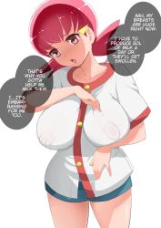 Rule 34 | 1girl, :o, alternate breast size, blush, breasts, buttons, collarbone, commentary request, covered erect nipples, creatures (company), english text, game freak, gym leader, hair ornament, hairclip, hand up, highres, large breasts, long hair, makoto daikichi, nintendo, open mouth, pink eyes, pink hair, pokemon, pokemon hgss, raised eyebrows, shiny skin, shirt, short sleeves, shorts, simple background, solo, speech bubble, sweat, tongue, twintails, white background, white shirt, whitney (pokemon)